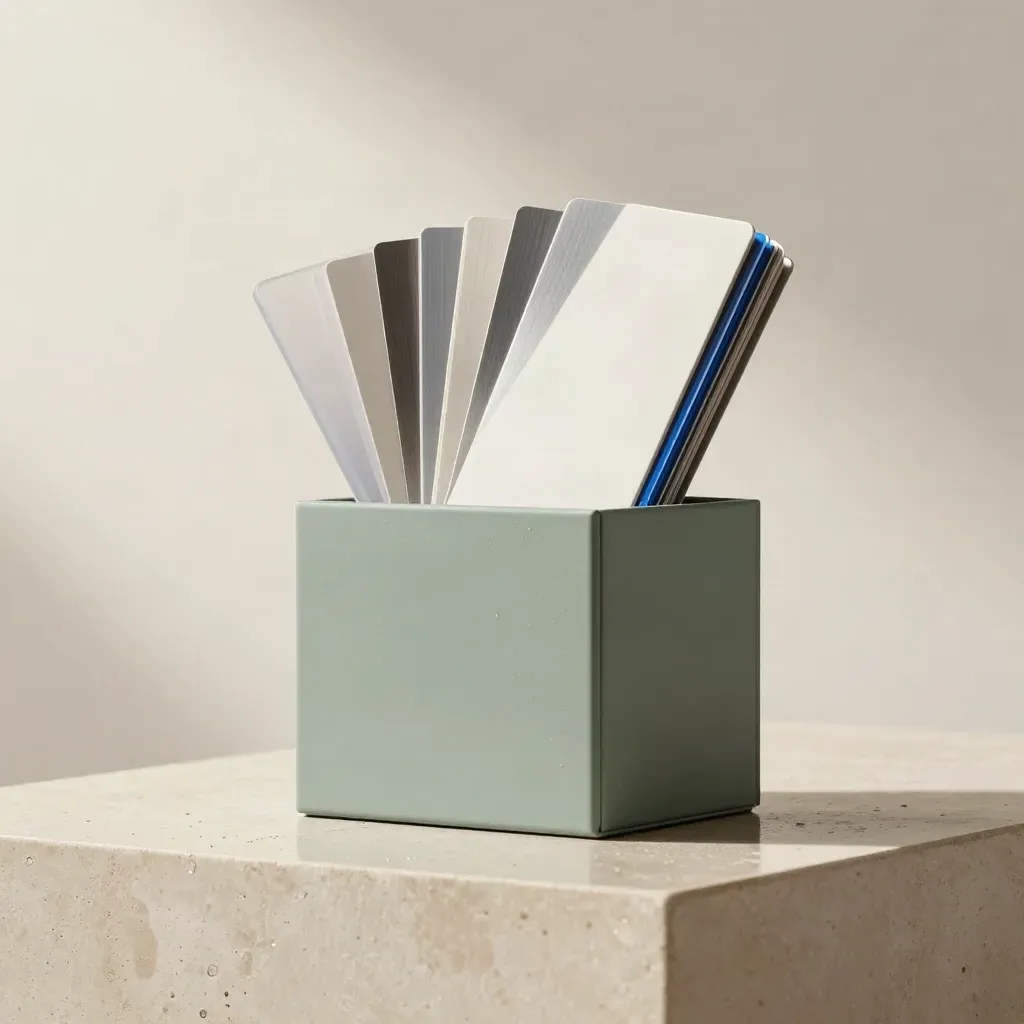 Rain-soaked logo launch kit box with tiles, proof cards and metal swatches on cream stone.
