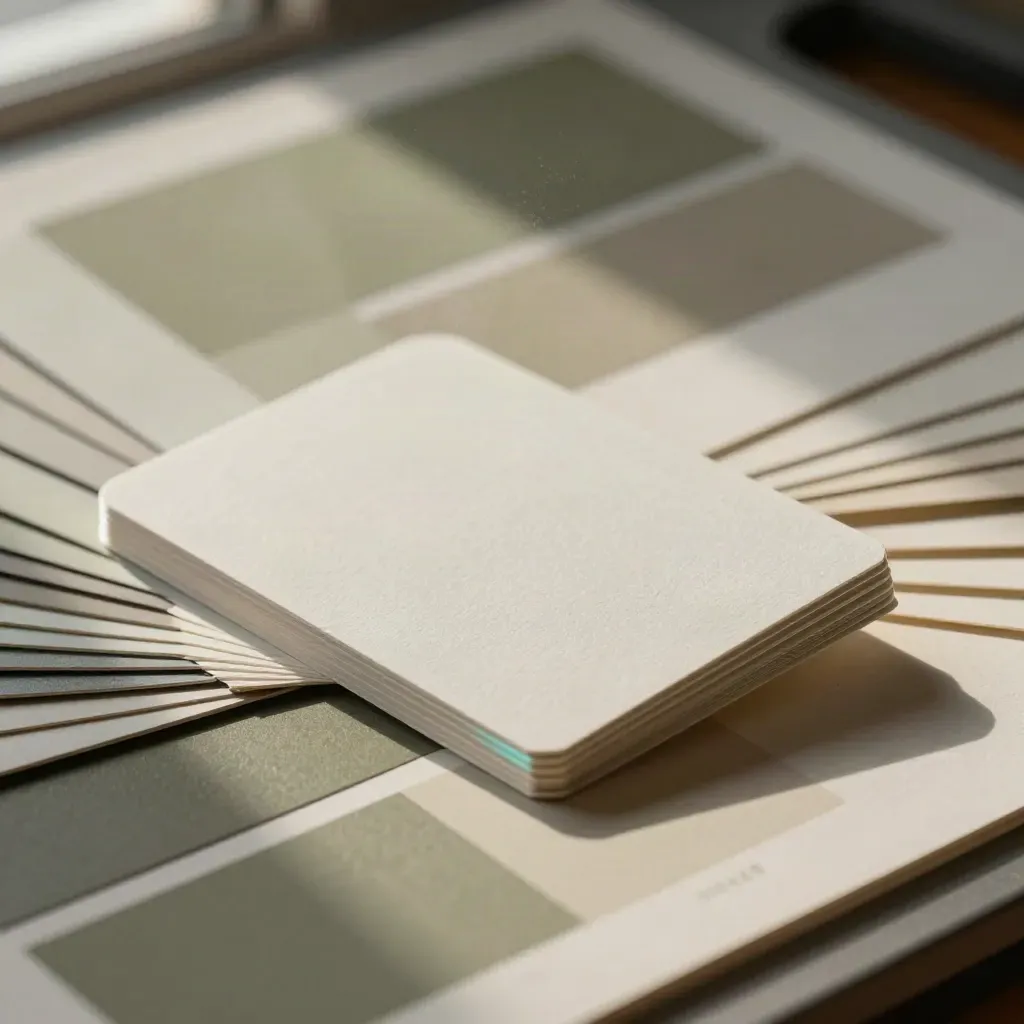 Macro of a thick business card sample fan with paper swatches and cyan edge samples.