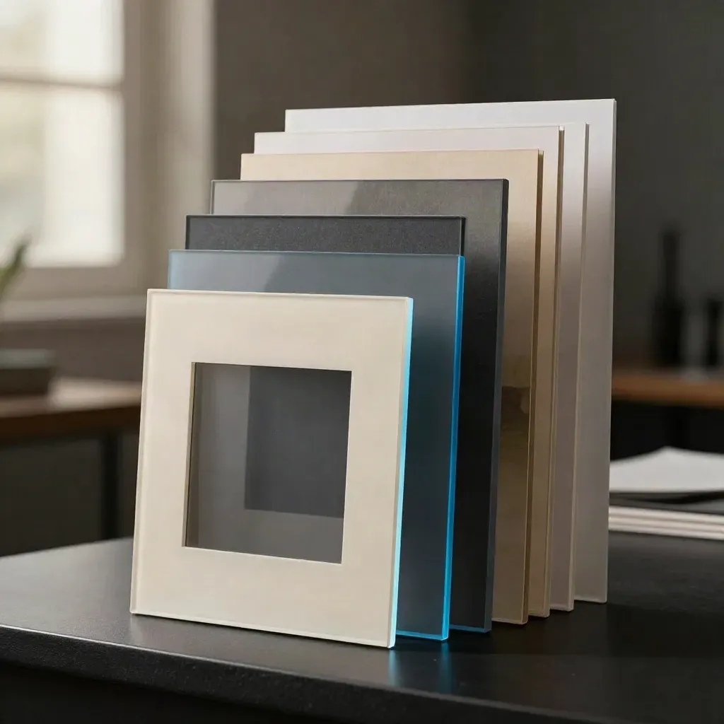 Stacked thumbnail boards with acetate overlays and blue accents on a black plinth.