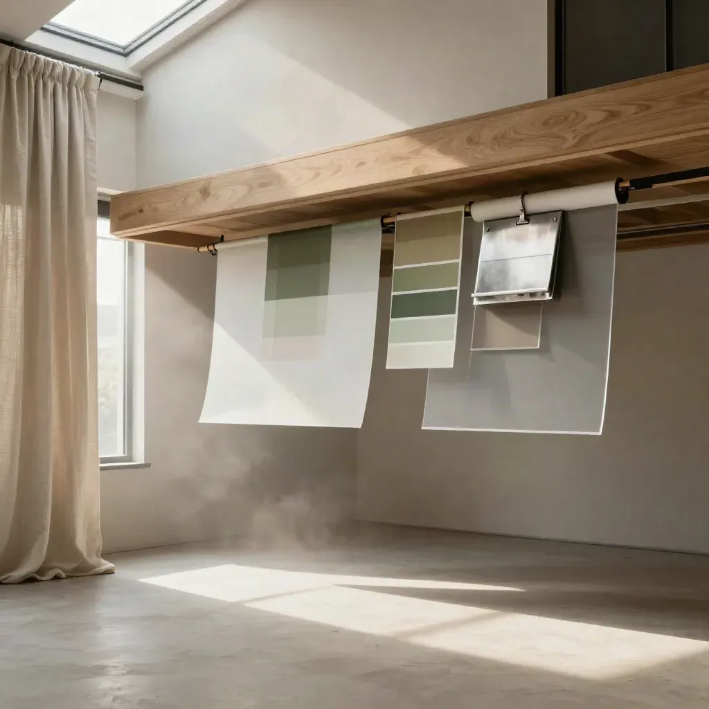 Loft studio with banner materials, linen drape, skylight beam, and calm copy space